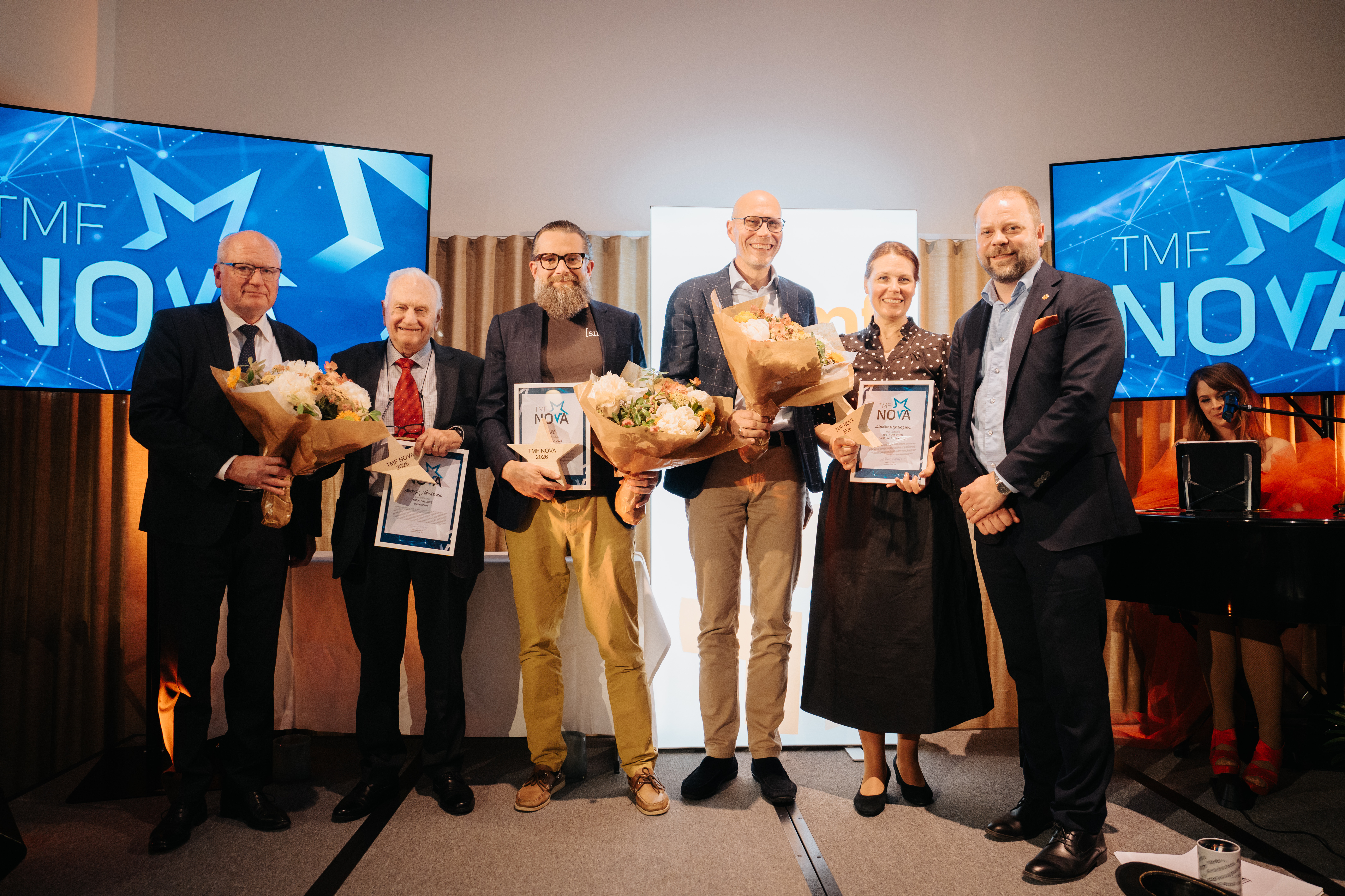 Samtliga TMF Nova 2026-vinnare; Lindholmsgruppen, Snêk och Henry Jarlsson.
