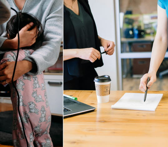 Kollage som föreställer två olika bilder. En bild på en mamma som håller i sitt barn, och den andra bild på två personer som står vid ett bord och pratar.