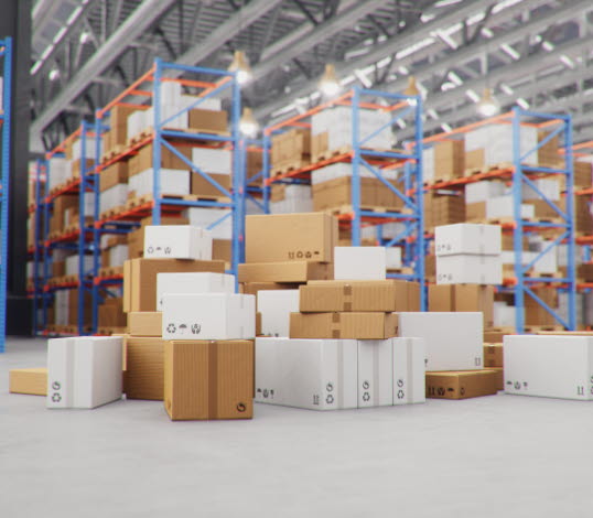 Förpackningar i en fabrikslokal.