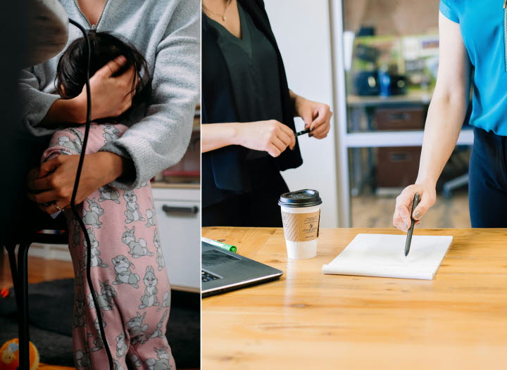 Kollage som föreställer två olika bilder. En bild på en mamma som håller i sitt barn, och den andra bild på två personer som står vid ett bord och pratar.